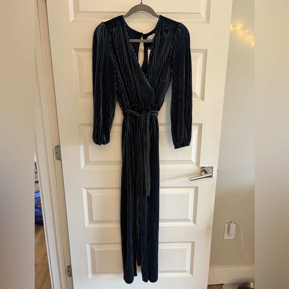 Anthropologie ALI & JAY Navy Velvet Long Sleeve Jumpsuit